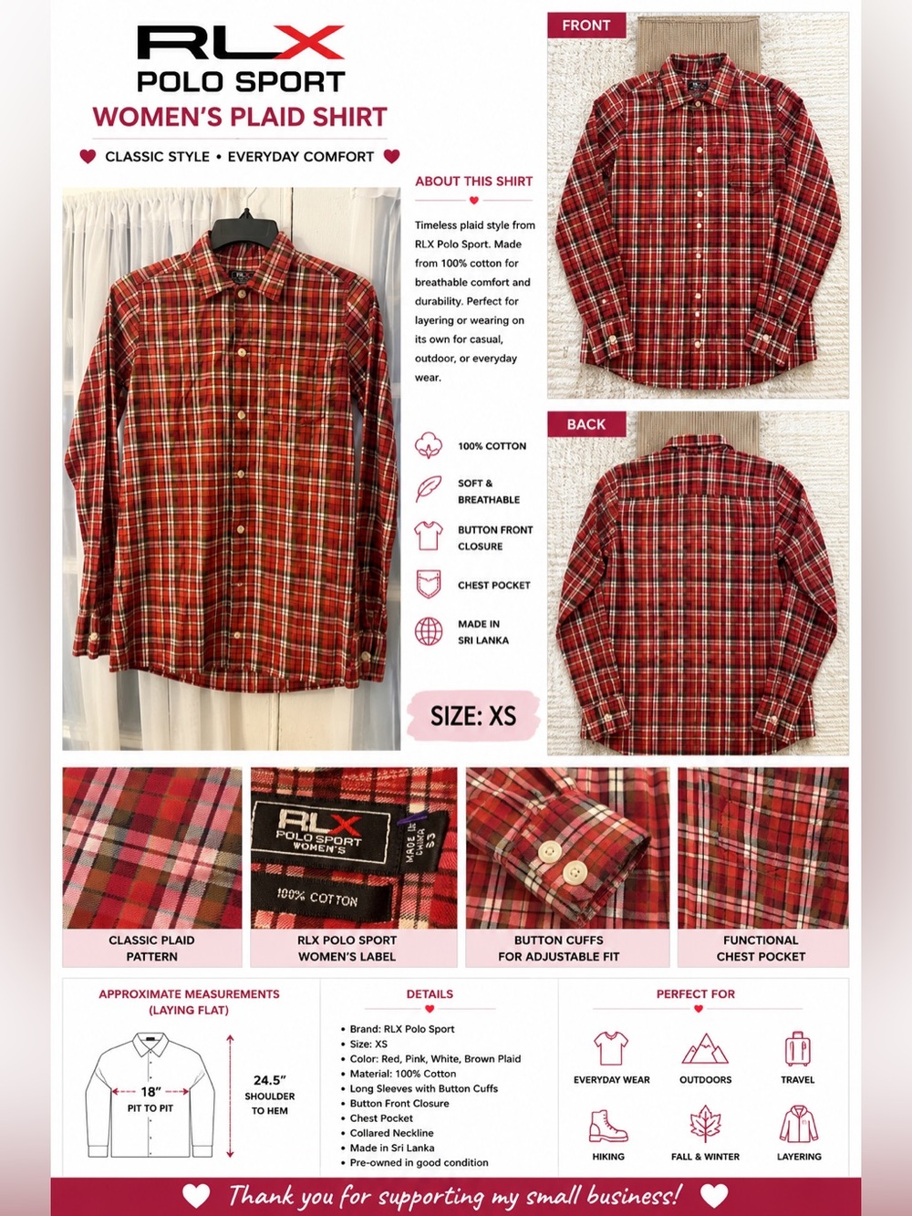 RLX Polo Sport Women's Plaid Button Front Shirt Red Pink Cotton Long Sleeve Sm